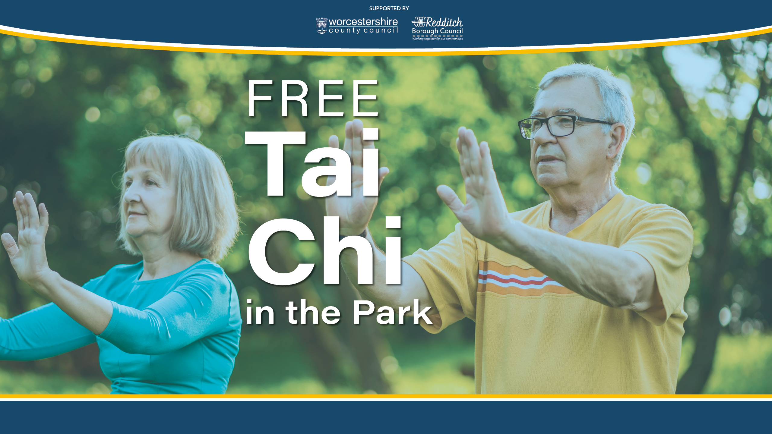 Man and a woman performing tai chi with tai chi in the park title across it