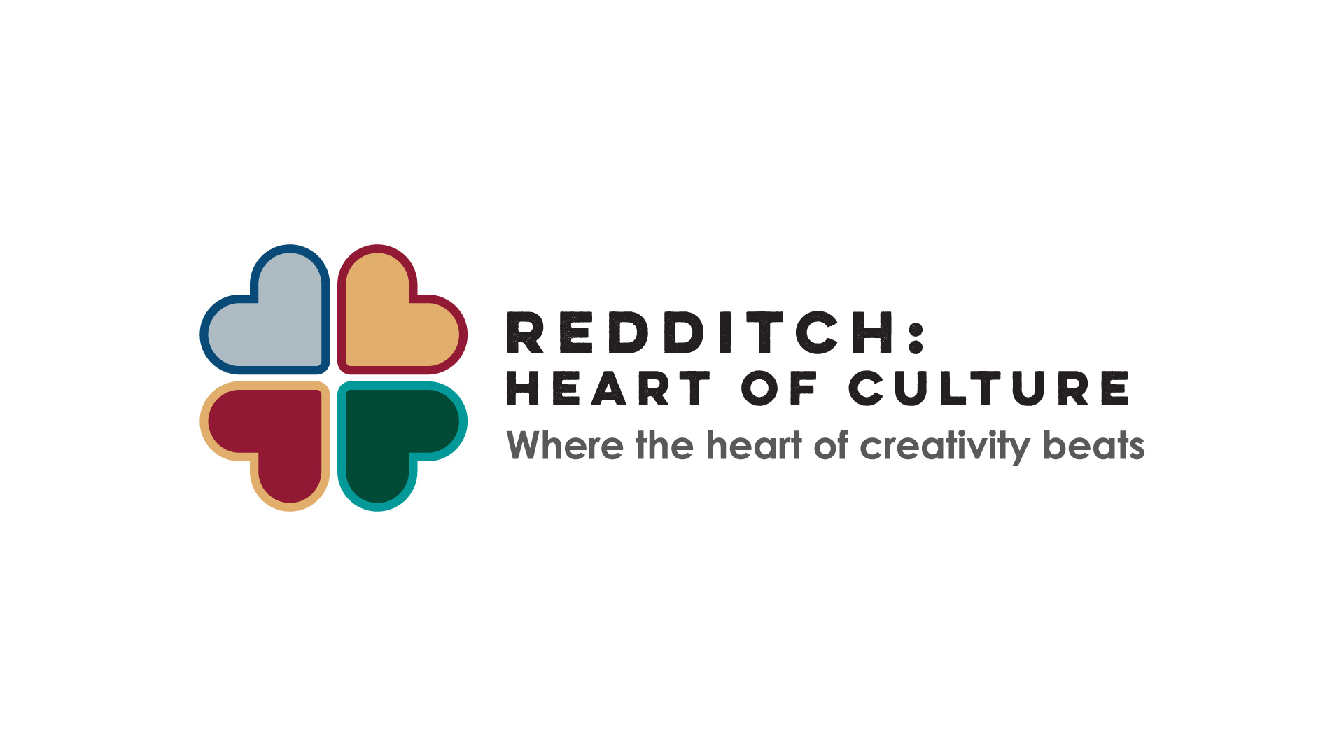 New Redditch Heart of Culture Logo made up of 4 heart shapes like the clover shaped roads of Redditch