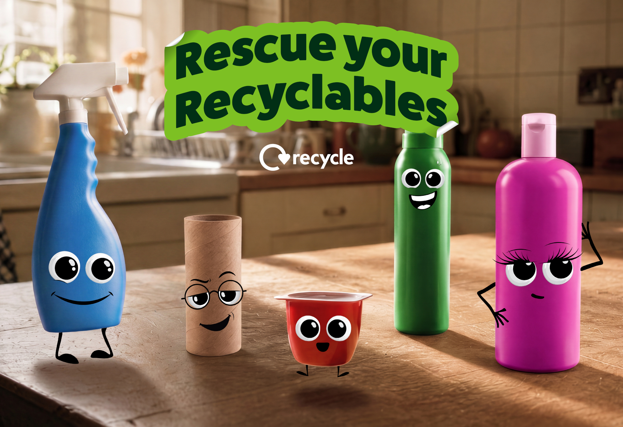 A row of anthropomorphic recycling items